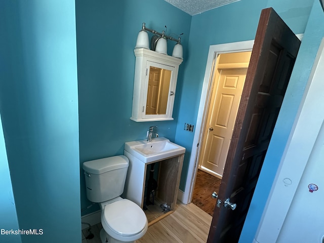 bathroom with wood-type flooring, toilet, a textured ceiling, and vanity