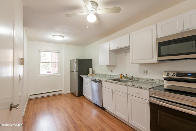 kitchen featuring light wood-style flooring, a sink, white cabinets, appliances with stainless steel finishes, and baseboard heating