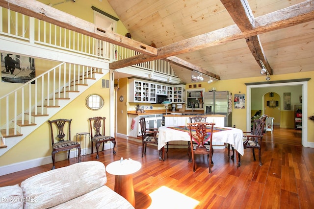 662 Foley Rd, Sheffield, MA 01257 - dining space featuring stairway, wood finished floors, track lighting, and wooden ceiling