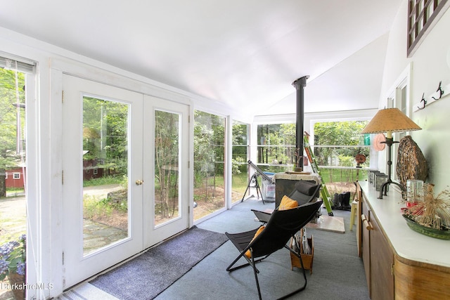 662 Foley Rd, Sheffield, MA 01257 - sunroom featuring french doors, plenty of natural light, vaulted ceiling, and carpet flooring