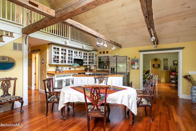 662 Foley Rd, Sheffield, MA 01257 - dining room with track lighting, wooden ceiling, dark wood finished floors, and stairway