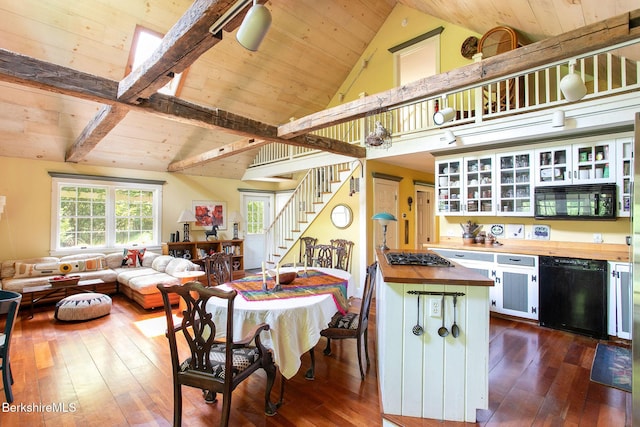 662 Foley Rd, Sheffield, MA 01257 - kitchen featuring wood counters, black appliances, dark wood finished floors, a wood ceiling with exposed beams, and glass insert cabinets