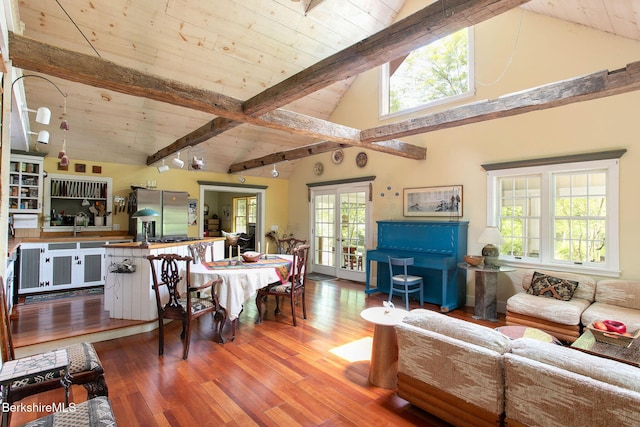 662 Foley Rd, Sheffield, MA 01257 - living area featuring hardwood / wood-style floors, a wooden ceiling with exposed beams, and high vaulted ceiling