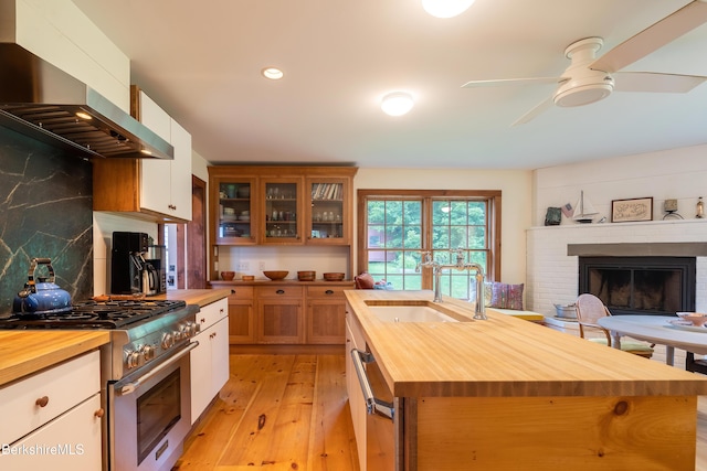 kitchen with stainless steel appliances, a sink, butcher block countertops, range hood, and ceiling fan
