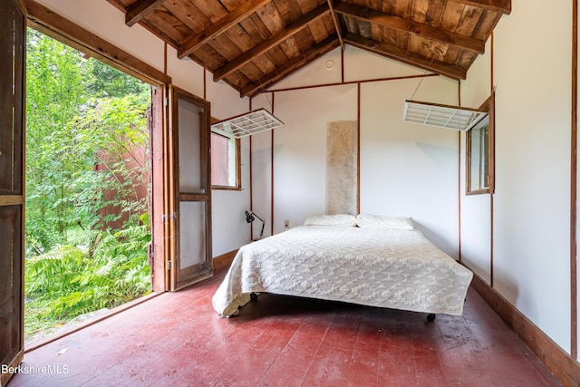 bedroom featuring wooden ceiling, wood-type flooring, and lofted ceiling with beams