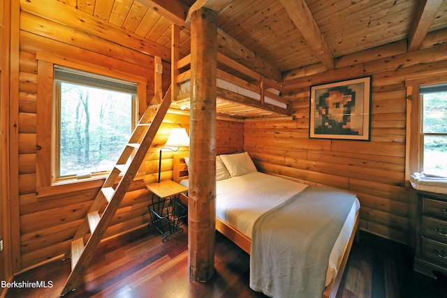233 Algerie Rd, Becket, MA 01223 - bedroom with wood-type flooring, a wood ceiling with exposed beams, and rustic walls