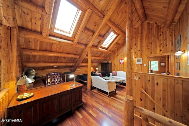 233 Algerie Rd, Becket, MA 01223 - bedroom with a skylight, wood ceiling, wood finished floors, wood walls, and log walls