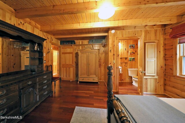 233 Algerie Rd, Becket, MA 01223 - bedroom with a wood ceiling with exposed beams, dark wood-style floors, and wooden walls
