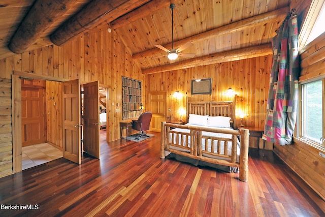 233 Algerie Rd, Becket, MA 01223 - bedroom featuring wooden walls, wood finished floors, a wooden ceiling with exposed beams, and high vaulted ceiling