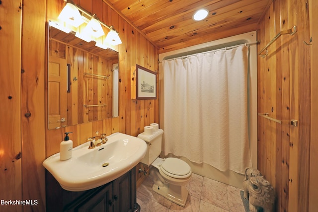 233 Algerie Rd, Becket, MA 01223 - full bath with wood ceiling, wooden walls, and shower / tub combo with curtain
