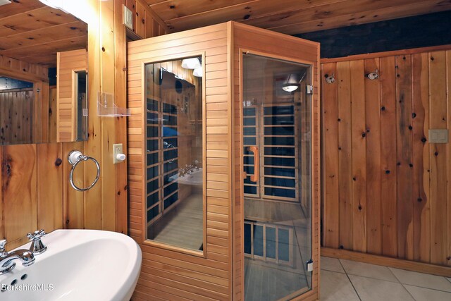 233 Algerie Rd, Becket, MA 01223 - relaxing sauna / steam room with wood walls, tile patterned floors, and wood ceiling