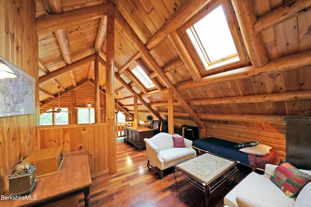233 Algerie Rd, Becket, MA 01223 - sitting room with a skylight, hardwood / wood-style flooring, wooden ceiling, and wood walls