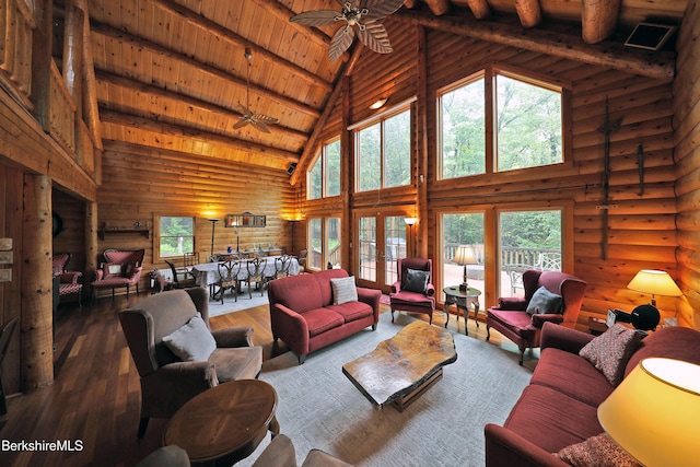 233 Algerie Rd, Becket, MA 01223 - living room featuring high vaulted ceiling, hardwood / wood-style flooring, log walls, a wood ceiling with exposed beams, and ceiling fan