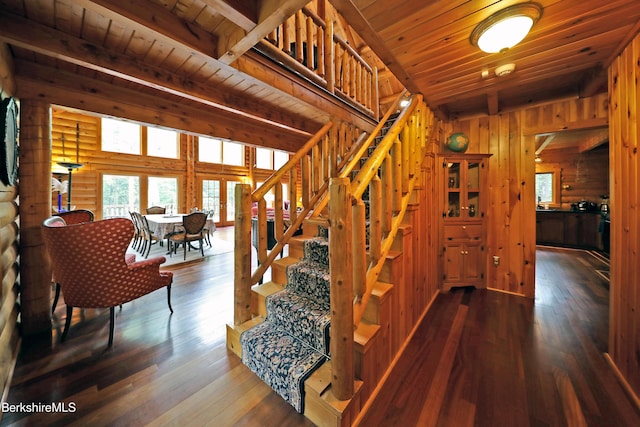233 Algerie Rd, Becket, MA 01223 - stairway featuring wood-type flooring, wood walls, and wooden ceiling