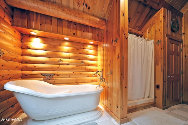 233 Algerie Rd, Becket, MA 01223 - bathroom featuring a wooden ceiling with exposed beams, rustic walls, tile patterned flooring, curtained shower, and a freestanding tub