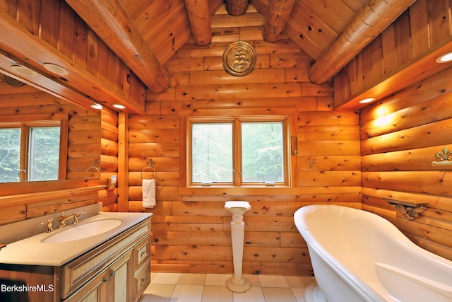233 Algerie Rd, Becket, MA 01223 - full bath featuring vanity, a freestanding bath, healthy amount of natural light, rustic walls, and wooden ceiling