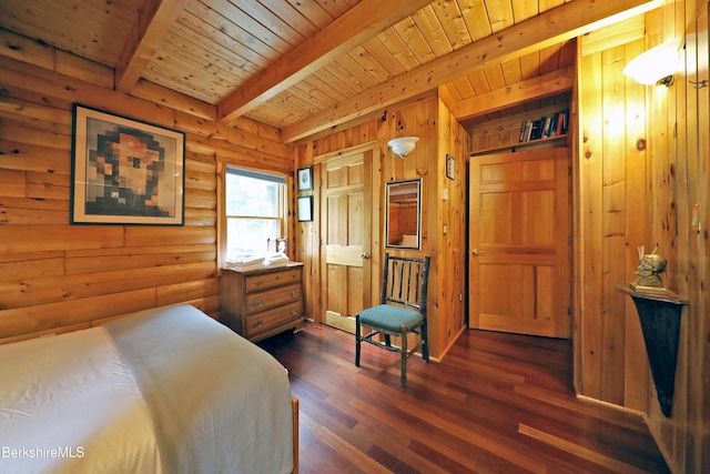 233 Algerie Rd, Becket, MA 01223 - bedroom featuring dark wood finished floors, a wood ceiling with exposed beams, and wood walls