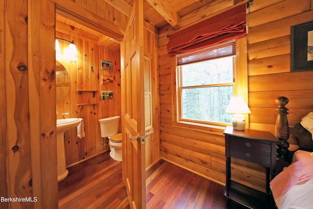 233 Algerie Rd, Becket, MA 01223 - bedroom featuring wood-type flooring, a wood ceiling with exposed beams, wood walls, and ensuite bathroom