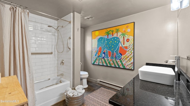 bathroom featuring baseboard heating, shower / bath combo, vanity, toilet, and visible vents