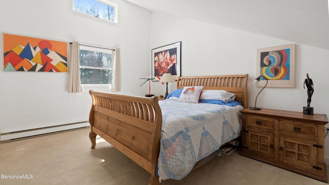 carpeted bedroom featuring high vaulted ceiling, multiple windows, and baseboard heating