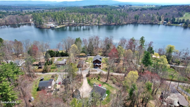 drone / aerial view with a water view and a wooded view