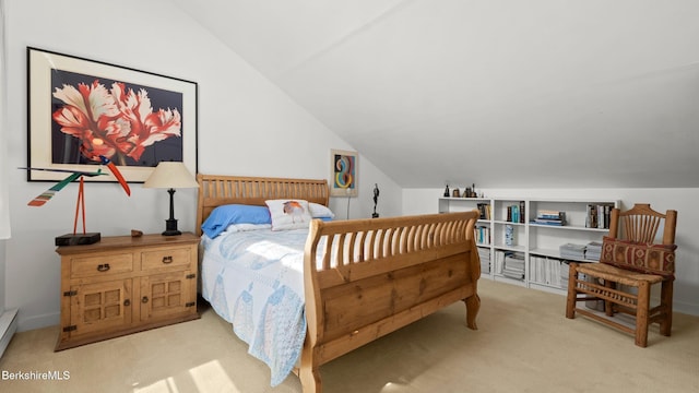 bedroom featuring carpet and lofted ceiling