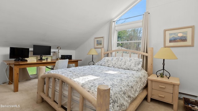 bedroom featuring a baseboard radiator, vaulted ceiling, and light carpet