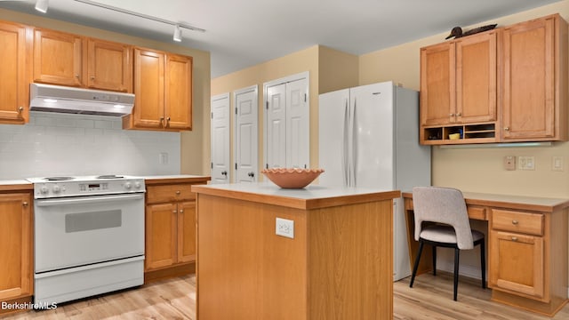 13 Taconic Ave, Lenox, MA 01240 - kitchen featuring white appliances, under cabinet range hood, light wood-type flooring, track lighting, and light countertops