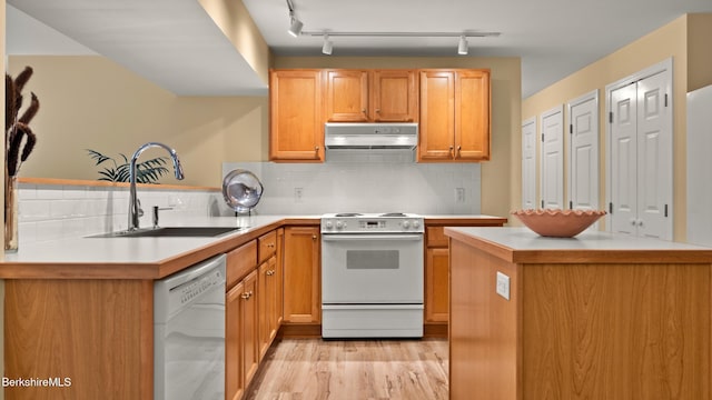 13 Taconic Ave, Lenox, MA 01240 - kitchen with white appliances, range hood, light countertops, a peninsula, and light wood-style floors