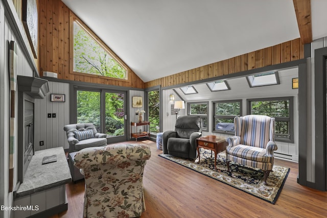 171 Lake Shore Dr, Otis, MA 01253 - living room featuring wooden walls, a baseboard radiator, high vaulted ceiling, wood finished floors, and a skylight