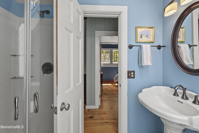 171 Lake Shore Dr, Otis, MA 01253 - bathroom with wood finished floors, a stall shower, and a sink