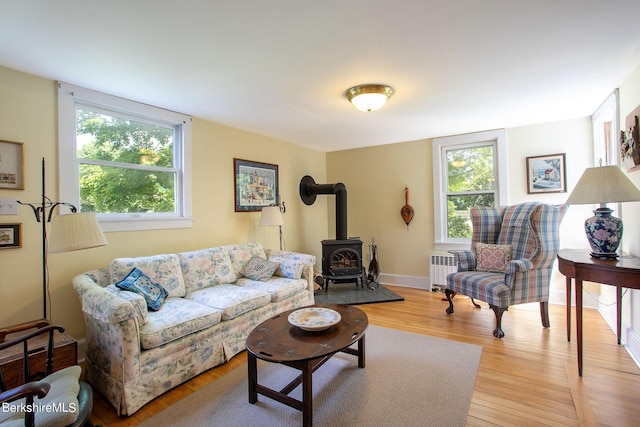 367 N Plain Rd, Great Barrington, MA 01236 - living room featuring radiator, a wood stove, and wood finished floors