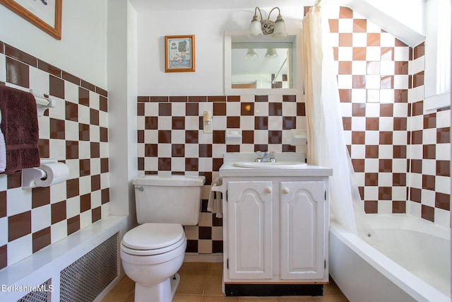 367 N Plain Rd, Great Barrington, MA 01236 - bathroom with tile walls, shower / bath combination with curtain, tile patterned flooring, and toilet