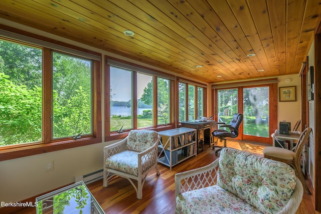144 Shore Rd, Richmond, MA 01254 - sunroom with a water view, hardwood / wood-style flooring, wood ceiling, and a baseboard radiator