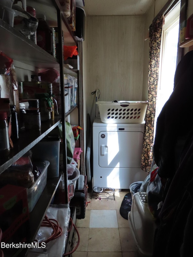 164-166 Houghton St, North Adams, MA 01247 - washroom with washer / clothes dryer, tile patterned floors, and wood walls