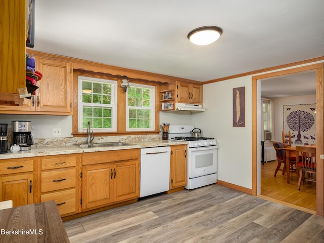 160 Marion Ave, North Adams, MA 01247 - kitchen featuring white appliances, under cabinet range hood, light wood-style floors, and light stone countertops