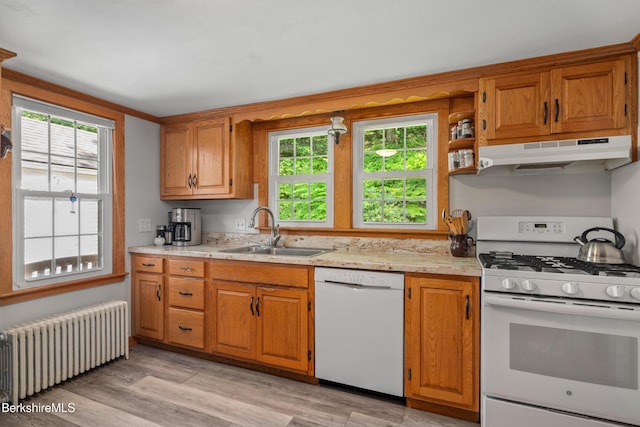 160 Marion Ave, North Adams, MA 01247 - kitchen with white appliances, radiator heating unit, under cabinet range hood, and light wood finished floors