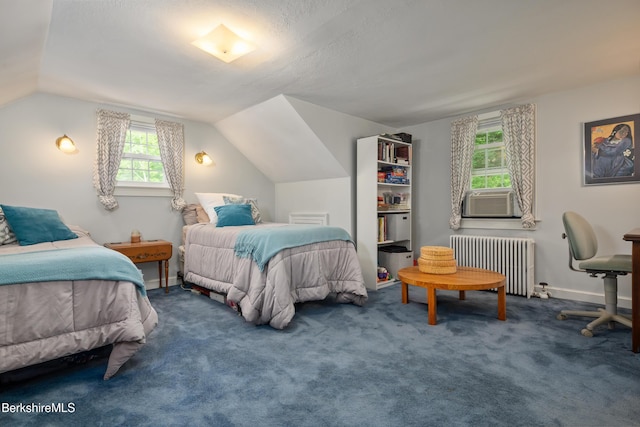 160 Marion Ave, North Adams, MA 01247 - carpeted bedroom with radiator, cooling unit, multiple windows, and vaulted ceiling