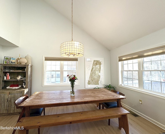 dining room with light hardwood / wood-style floors, a wealth of natural light, and vaulted ceiling