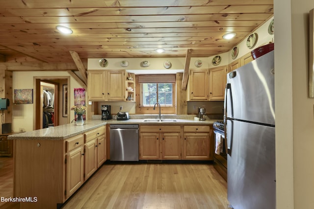 169 Jacobs Hollow Rd, Becket, MA 01223 - kitchen with stainless steel appliances, a peninsula, wood ceiling, light wood-style flooring, and light brown cabinetry