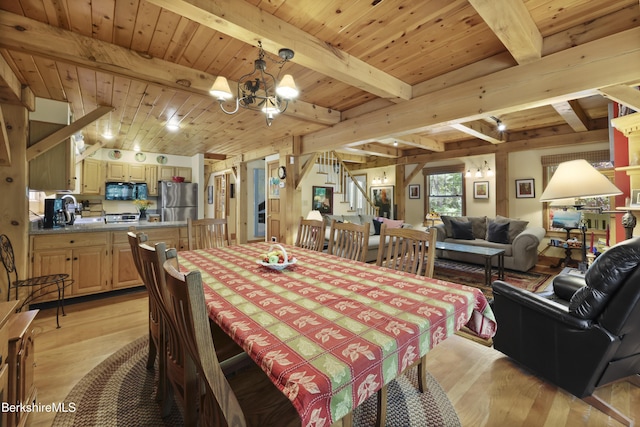169 Jacobs Hollow Rd, Becket, MA 01223 - dining room with light wood-style floors, a chandelier, stairs, and a wooden ceiling with exposed beams