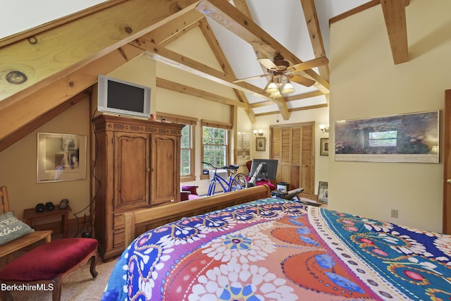 169 Jacobs Hollow Rd, Becket, MA 01223 - bedroom with carpet floors, beam ceiling, high vaulted ceiling, and a ceiling fan