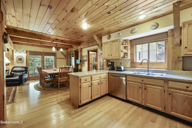 169 Jacobs Hollow Rd, Becket, MA 01223 - kitchen with dishwasher, plenty of natural light, light wood-style flooring, and a wooden ceiling with exposed beams