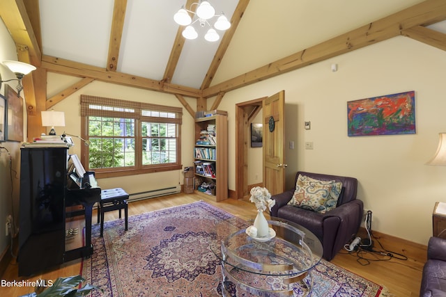 169 Jacobs Hollow Rd, Becket, MA 01223 - living area featuring a baseboard radiator, light wood finished floors, and a chandelier