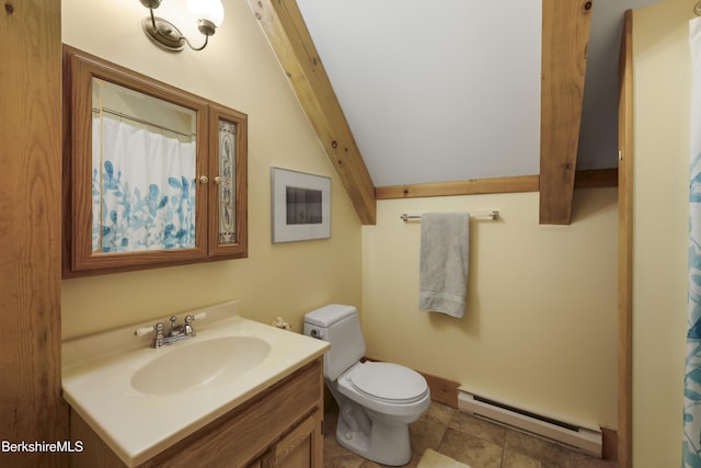 169 Jacobs Hollow Rd, Becket, MA 01223 - bathroom with a baseboard heating unit, vanity, and beamed ceiling