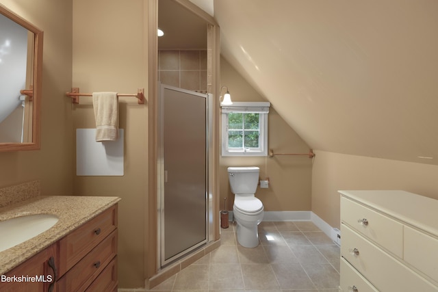169 Jacobs Hollow Rd, Becket, MA 01223 - full bath featuring vanity, a shower stall, tile patterned floors, and vaulted ceiling