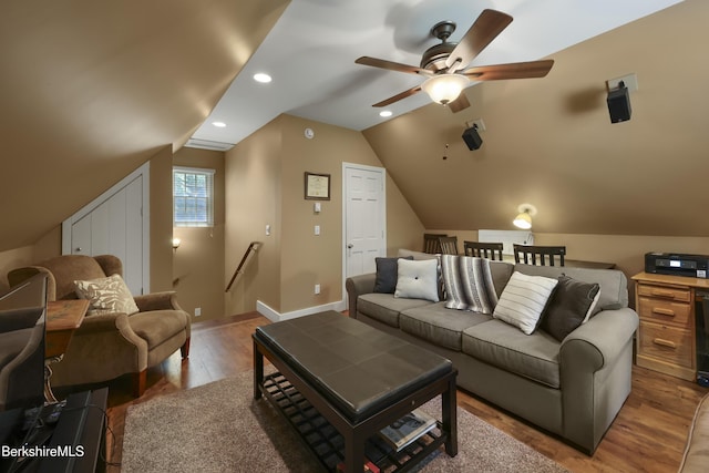 169 Jacobs Hollow Rd, Becket, MA 01223 - living room featuring ceiling fan, wood finished floors, lofted ceiling, and recessed lighting