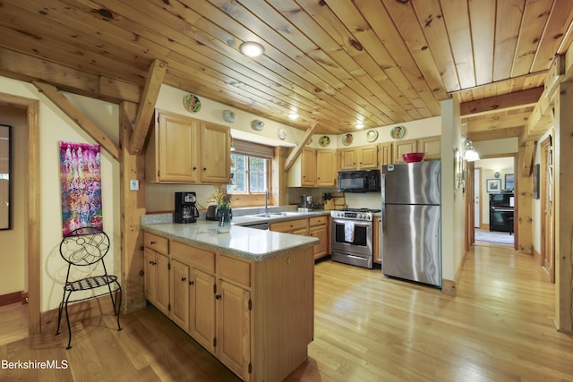 169 Jacobs Hollow Rd, Becket, MA 01223 - kitchen featuring stainless steel appliances, light brown cabinetry, wooden ceiling, a peninsula, and light wood finished floors