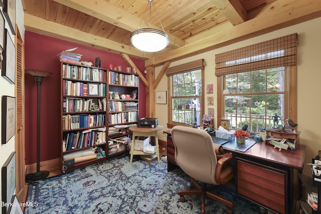 169 Jacobs Hollow Rd, Becket, MA 01223 - home office with a wooden ceiling with exposed beams and carpet