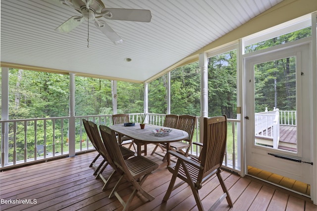 169 Jacobs Hollow Rd, Becket, MA 01223 - sunroom with outdoor dining space, a ceiling fan, lofted ceiling, and healthy amount of natural light